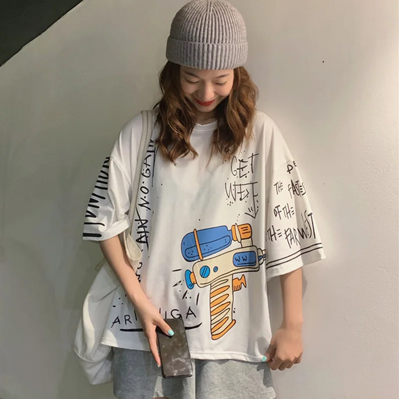 

Футболка женская оверсайз с коротким рукавом, хлопковая Повседневная рубашка с забавным принтом букв, топ черного и белого цвета, уличная о...