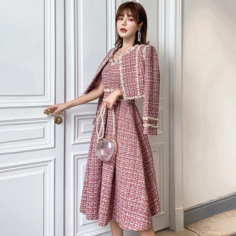 CHICEVER корейский твидовый комплект из двух предметов для женщин О образный вырез