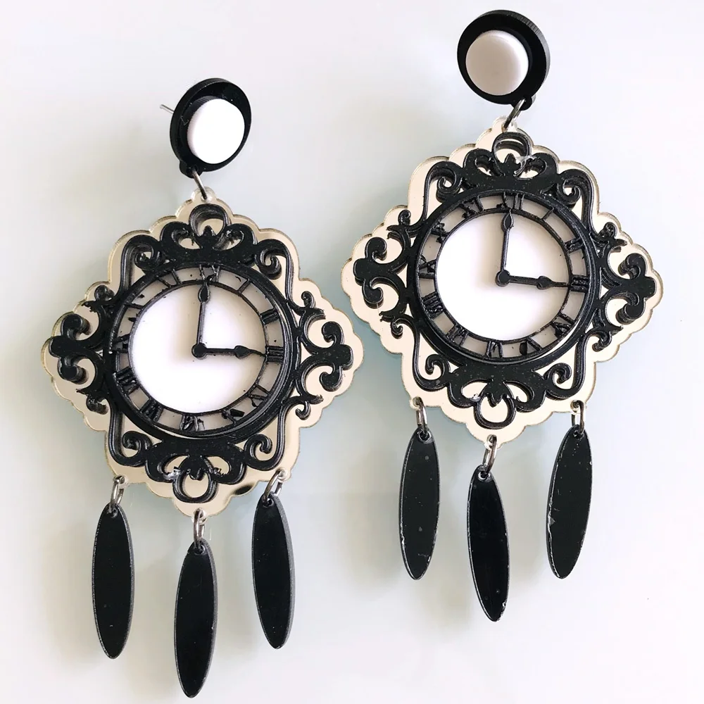 

Exaggerated Big Fashion Dangle Earrings Fashion Elegant Tassel Silver Color Chain French Wall Clock Black Acyrlic Drop Earrings