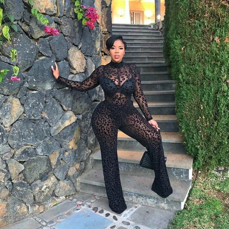 

2021 New Plus Size Black Open Lace See Through Elegant Turtleneck Full Sleeve High Waist Women Slim Wide Leg Jumpsuits