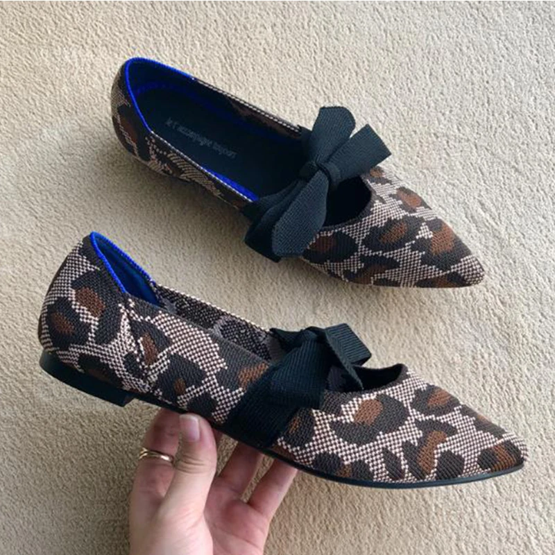 

2022 Women's Flat Shoes Ballet Shoes Breathable Knit Zapatos De Pointed Moccasin Mixed Color Women's Soft Shoes Women Bowknot