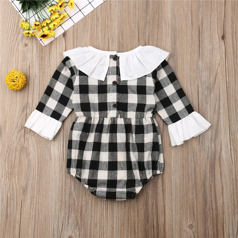 

Infant Baby Girl autumn Clothes black Plaids Flared Sleeve Romper Ruffle Jumpsuit playsuit Outfit