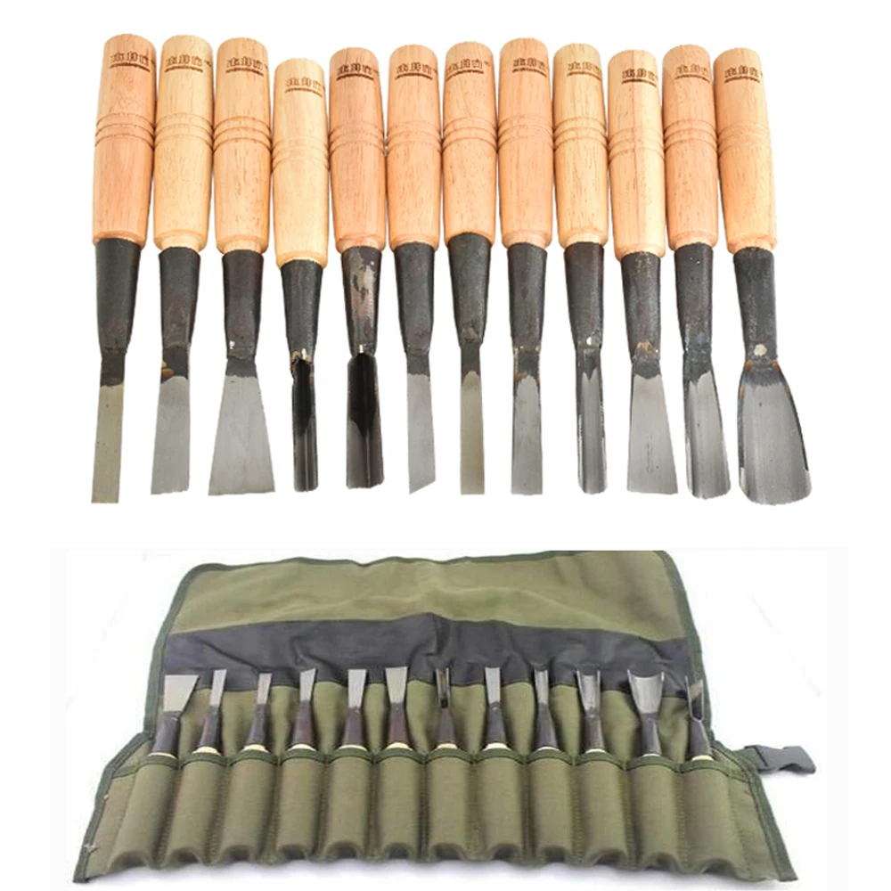 HSS Carpentry Tongue 12PCS Wood Flat Chisel  Jumper Chisel  Woodworking Boutique Tools with Carry Bag