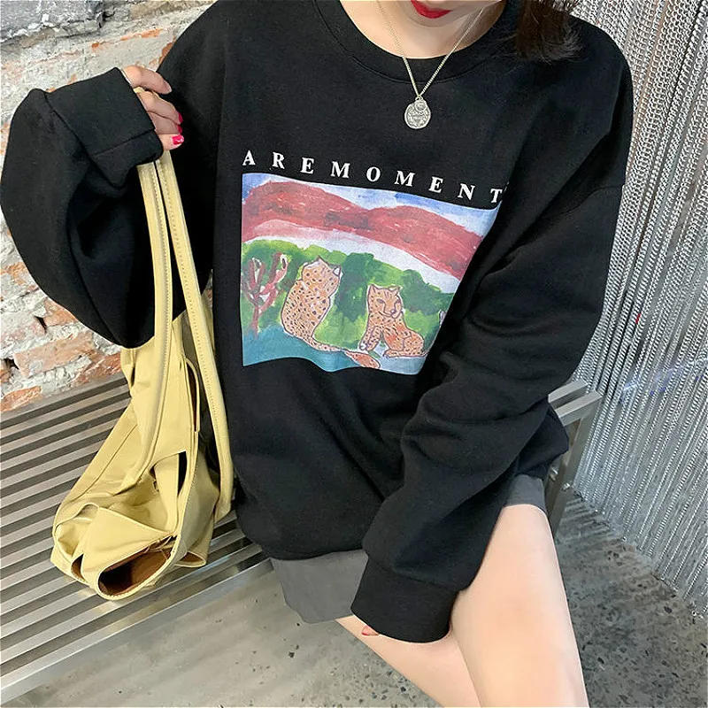 

Hoodies Women O-neck Printed All-match Autumn Simple Vintage Loose Students Casual Fashion Ulzzang Spring Sweatshirt Stylish New