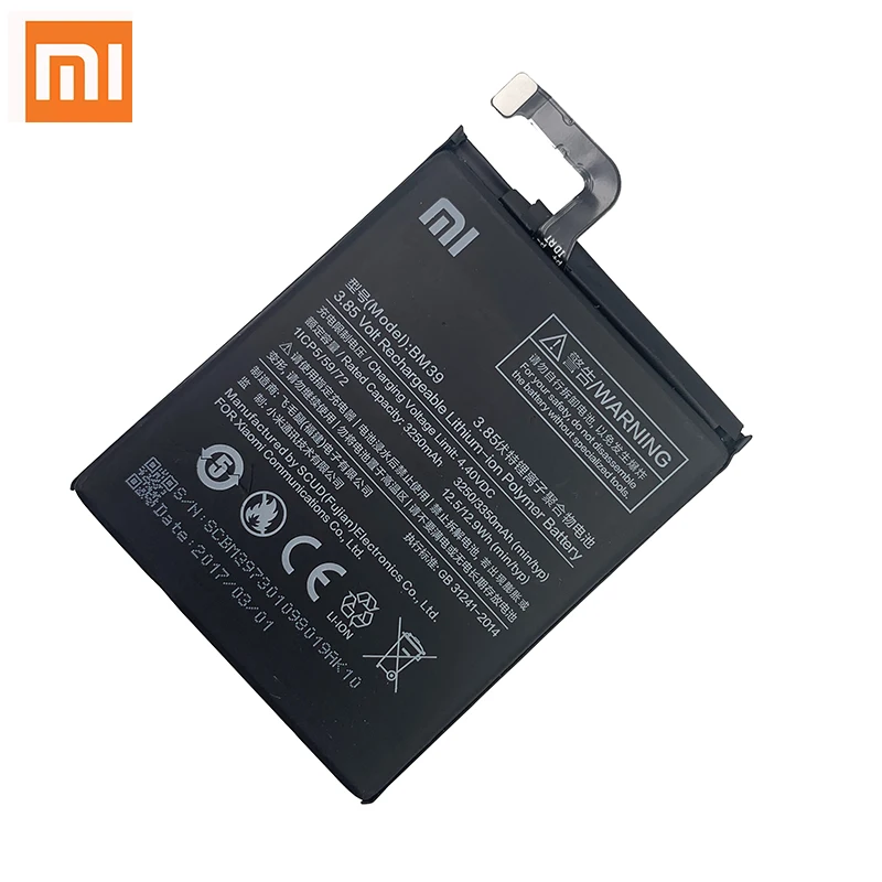 100% Оригинальная батарея Xiao mi BM39 3350mAh для Xiaomi 6 Mi6 M6 высококачественные сменные