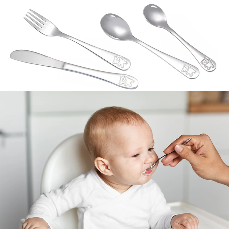 Juego de vajilla de acero inoxidable, cuchara, tenedor, cuchillo de mesa, cuchara de alimentaci&oacute;n de estilo occidental, productos para beb&eacute;s y ni&ntilde;os-0