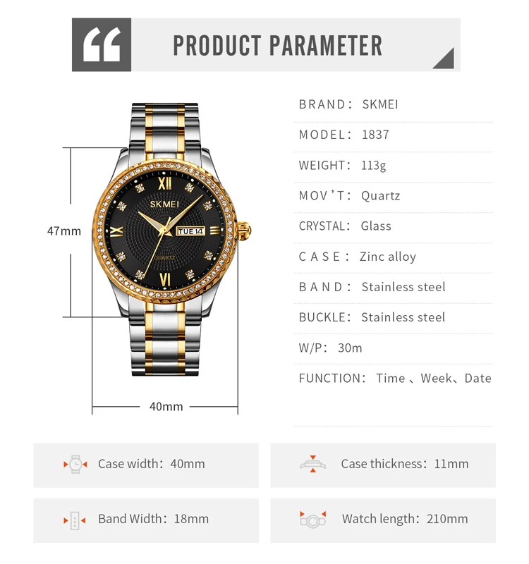 SKMEI Luxury Quartz Movement Men's Watches Bussines Rhinestone Case Waterproof Shockproof Watch Men Relogio Masculino | Наручные часы