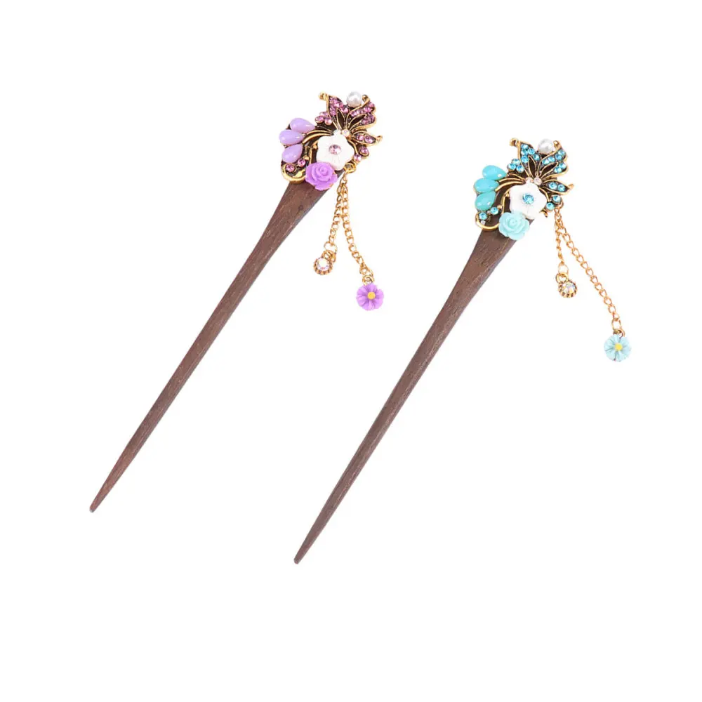 

2PCS Wooden Rhinestone Royal Court Hairpin National Style Vintage Flower Hair Chopstick Hair Accessories for Bride (Purple