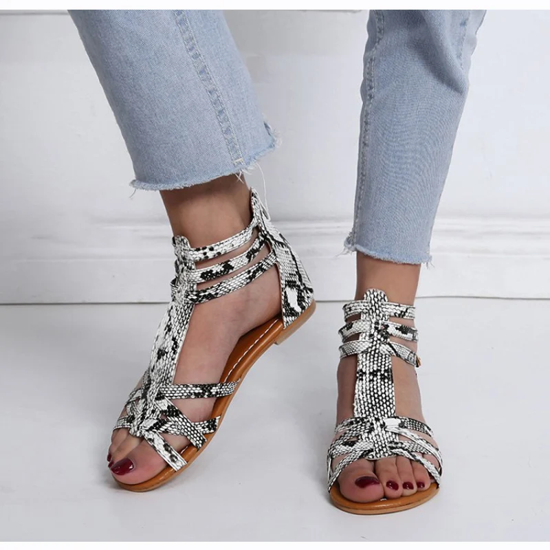 Женские сандалии в римском стиле Леопардовые женские сандалии-гладиаторы с