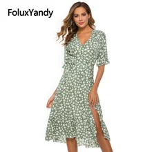 FoluxYandy vestido de gasa con escote en V para mujer, ropa Midi con encaje Floral, manga corta, volantes, YWNJ23 (4)