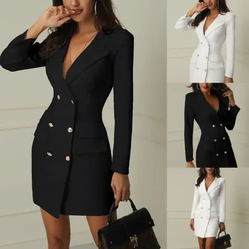 

New Womens Double Breasted Gold Button Front Black Military Style Coat Jacket Plus Size 2019