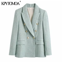 kpytomoa women 2021 fashion tweed double breasted blazer coat vintage long sleeve flap pockets female outerwear chic veste femme