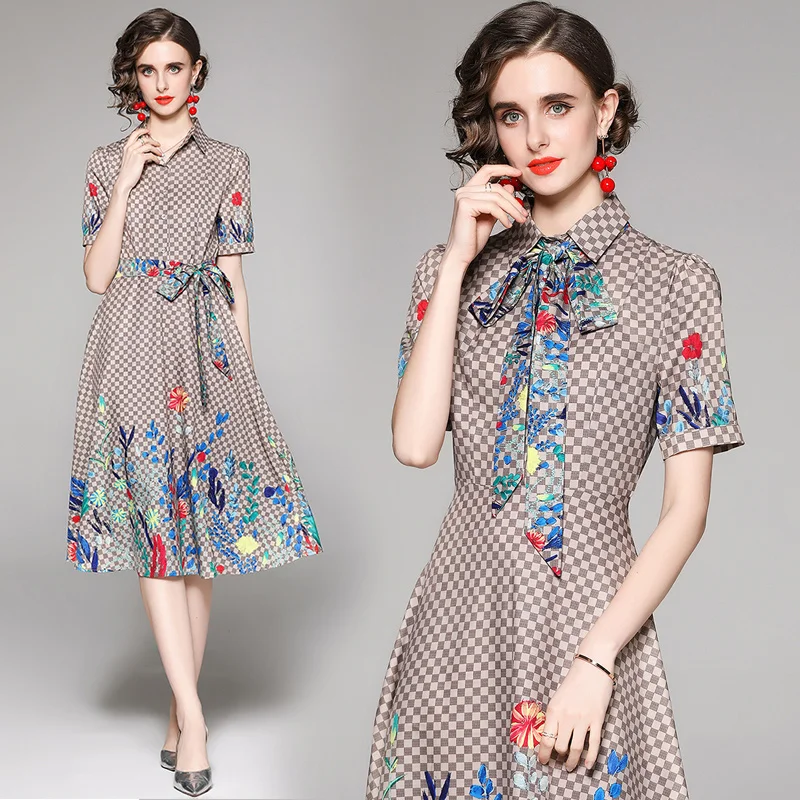 

Design Print Vintage Summer England Style Vestido De Mujer Women Clothes Fashion Bow Turn-down Collar Office Tunic A-LINE Dress