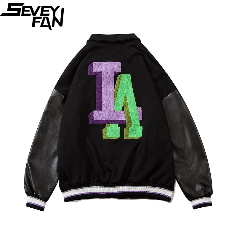 

Куртка SEVEYFAN LA Мужская в стиле пэчворк, винтажная бейсбольная куртка оверсайз в стиле хип-хоп, из искусственной кожи, с надписью и вышивкой