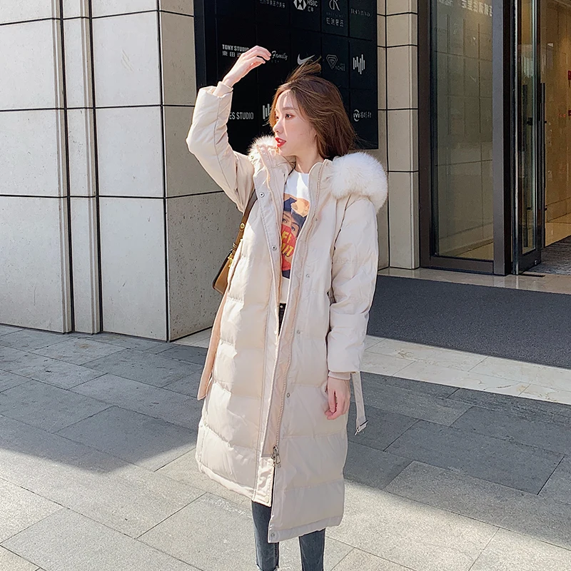 

WEIHAOBANG 2021 Autumn Winter New Down Jacket Women's Solid Color Hooded Artificial Collar Zipper Pocket Long Down Jacket