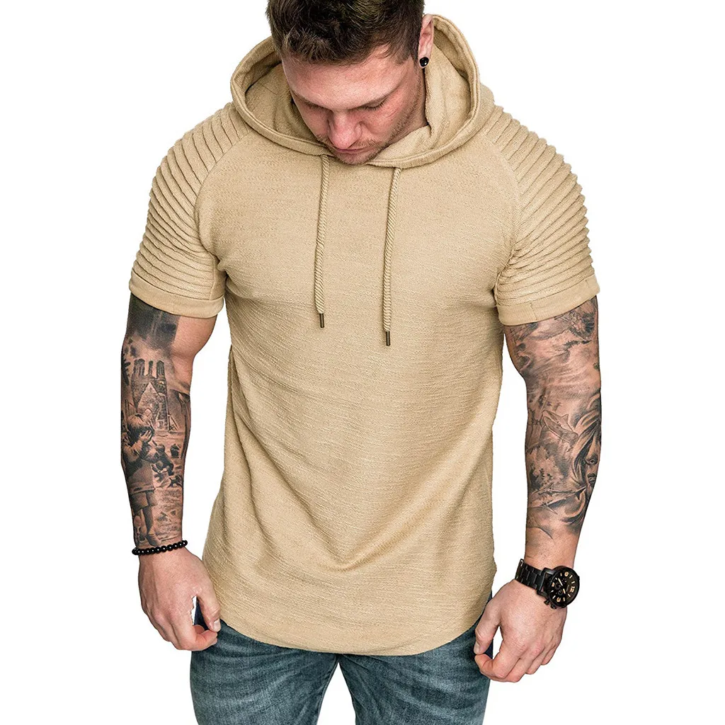 

Summer Men's T-shirt Pleated Wrinkled Slim Fit O Neck Short Sleeve Muscle Fitness Casual Hip Hop Cotton Top New Solid Hooded