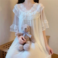 japanese kawaii elegant hollow out gauze white women nightgowns summer girl pajamas home service square collar mid calf dresses
