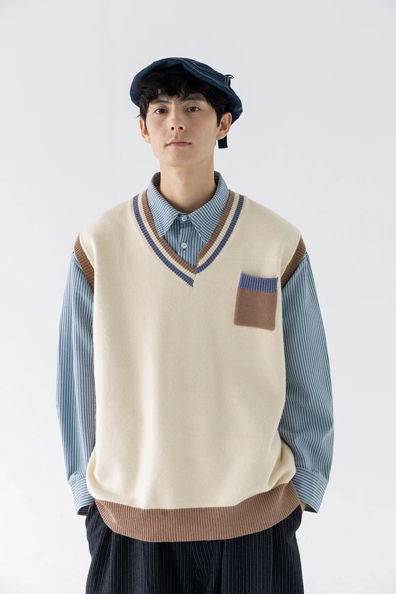 

Contrasting color knitted vest autumn and winter men's and women's BF Japanese retro sweater vest