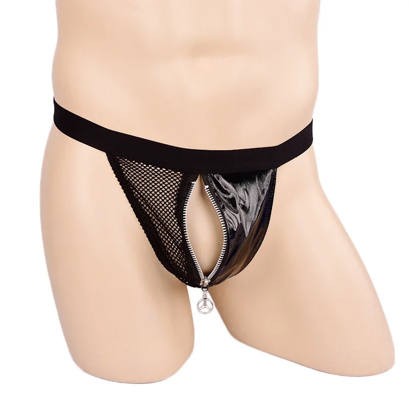 

Zipper Open Pouch Panties Men Faux Leather Mesh Sexy Underwear Sissy Men Brief Fetish Stripper Erotic Lingerie Open Crotch Thong