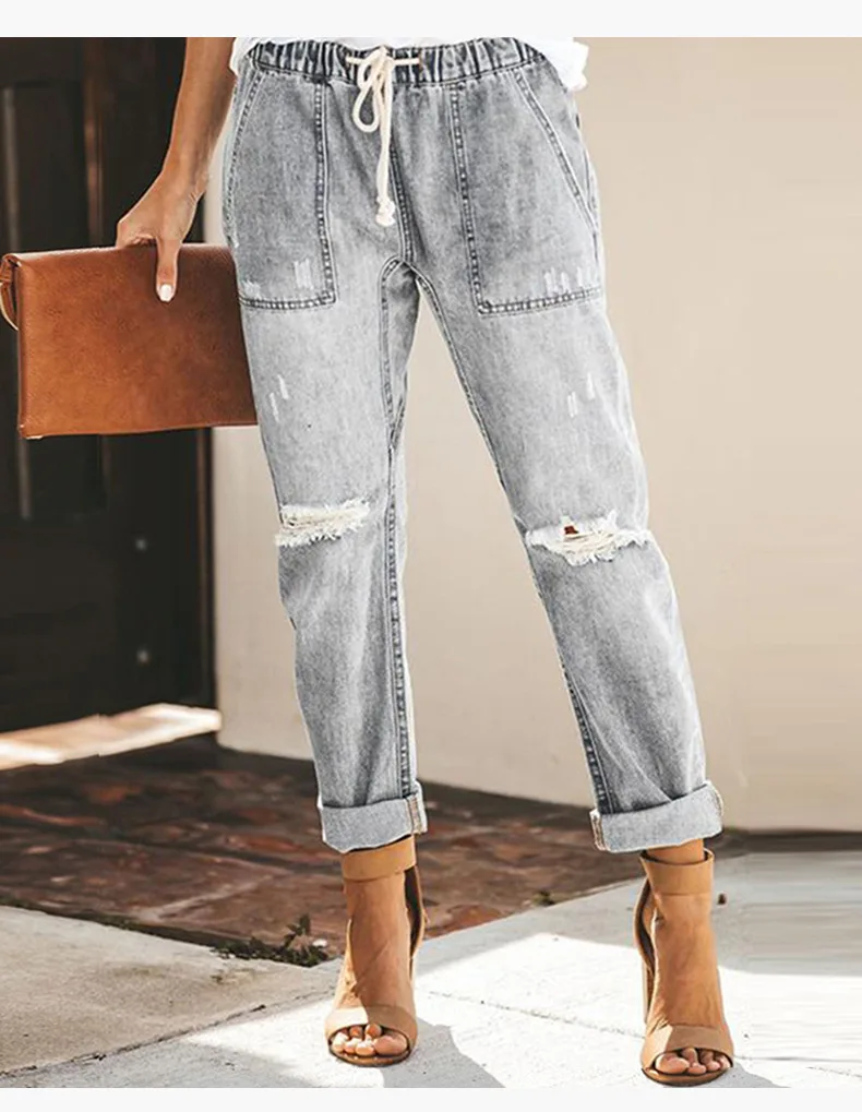 

2021 summer new women's solid color ripped denim waist jeans
