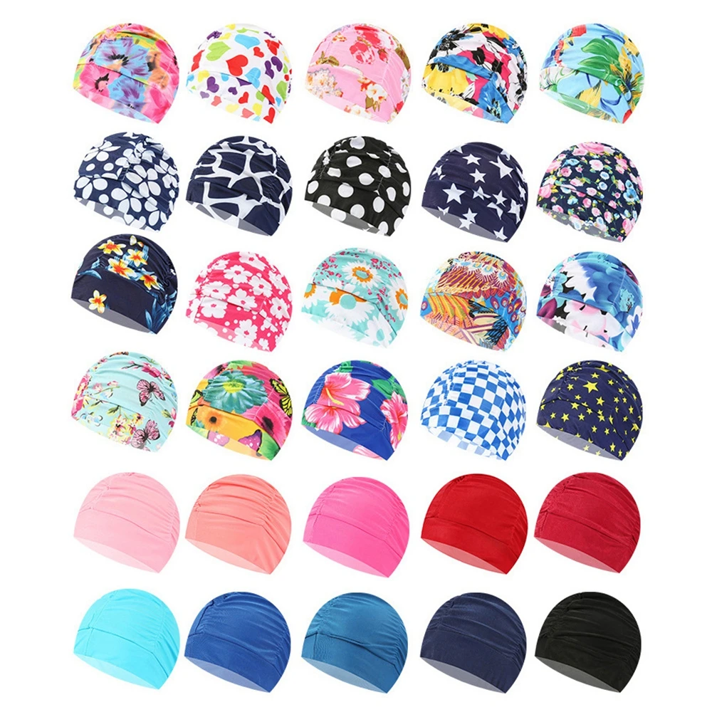 

1pc Free Size Swimming Cap Elastic Nylon Turban Flowers Printed Pool Bathing Hats Long Hair Protect Swim Pool Hat for Men Women