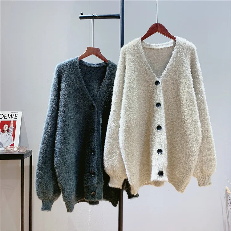 

Lazy Imitation Sable Hair Pure Color Sweater Coat Female Autumn Winter New Korean Fashion Loose Knitting Cardigan M1270