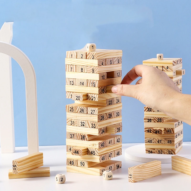 

48/54 Pieces Log-coloured Digital Children's Stacked Building Blocks Wooden Tumbling Tower Game Family Garden Games Toy