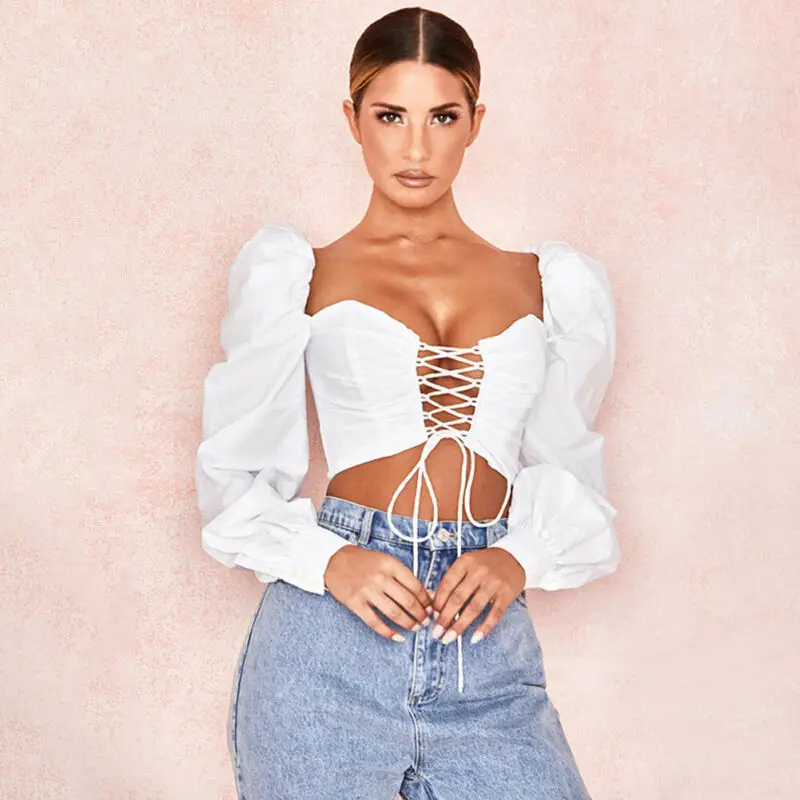 

Hirigin Summer Women's Sexy Front Bandage Shirt Crop Top Casual Long Puff Sleeve Short Tops Blouse