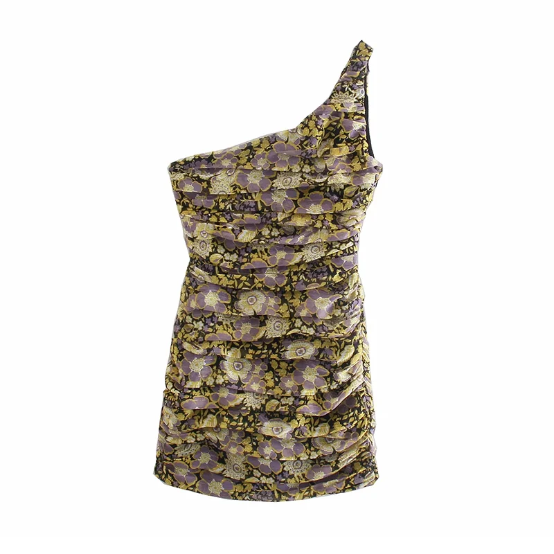 

UNIQYB Za Women's Clothes Fashion Floral Print Dresses Women's One-Shoulder Dress Open Back Zipper Summer Dress Casual Dresses