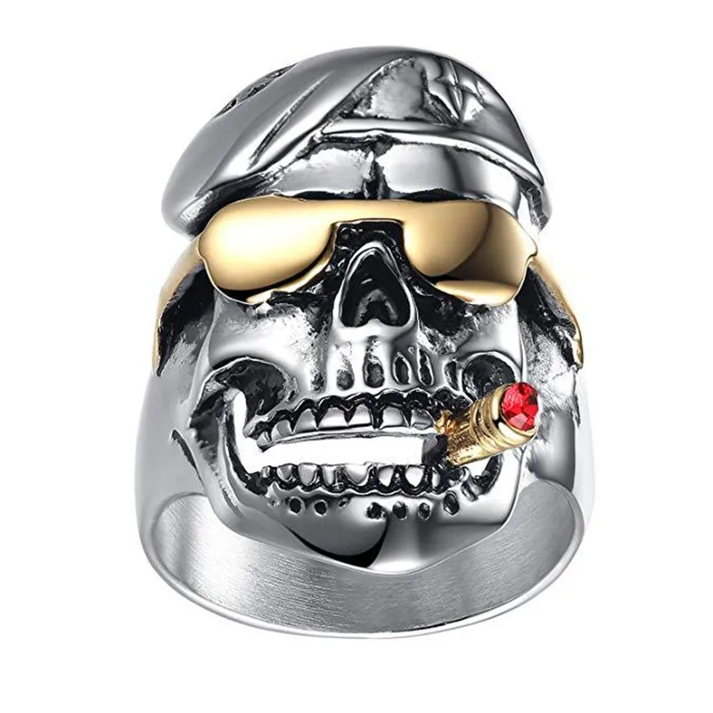 

2021 New Skull Head Sunglasses Military Officer Smoke Inlaid Red Zircon Ring Retro Punk Accessories Banquet Jewelry Gifts