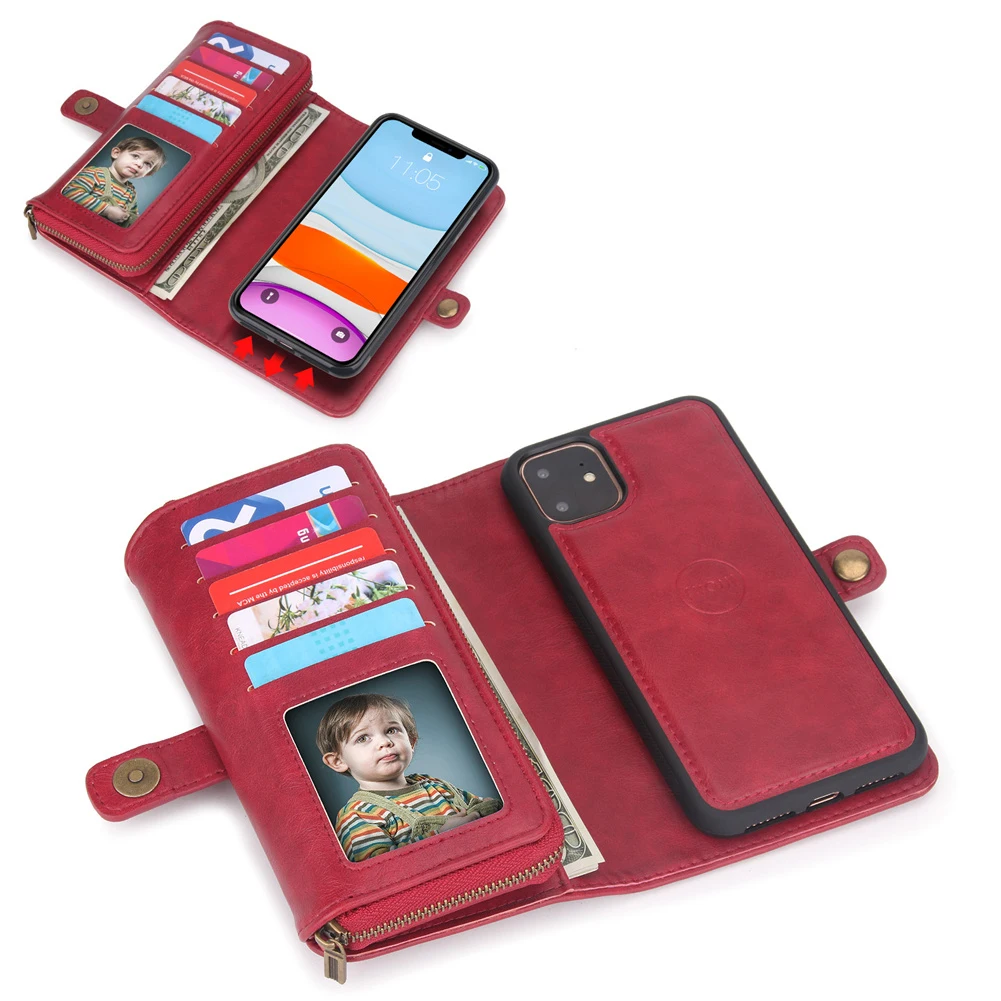 

For iPhone 11/11 Pro/11 ProMax/XR/XS/X/XS MAX/6/6s/6P/6sP/7P/8P/7/8 Three-fold Wallet Phone Case Zipper Detachable Leather Cover