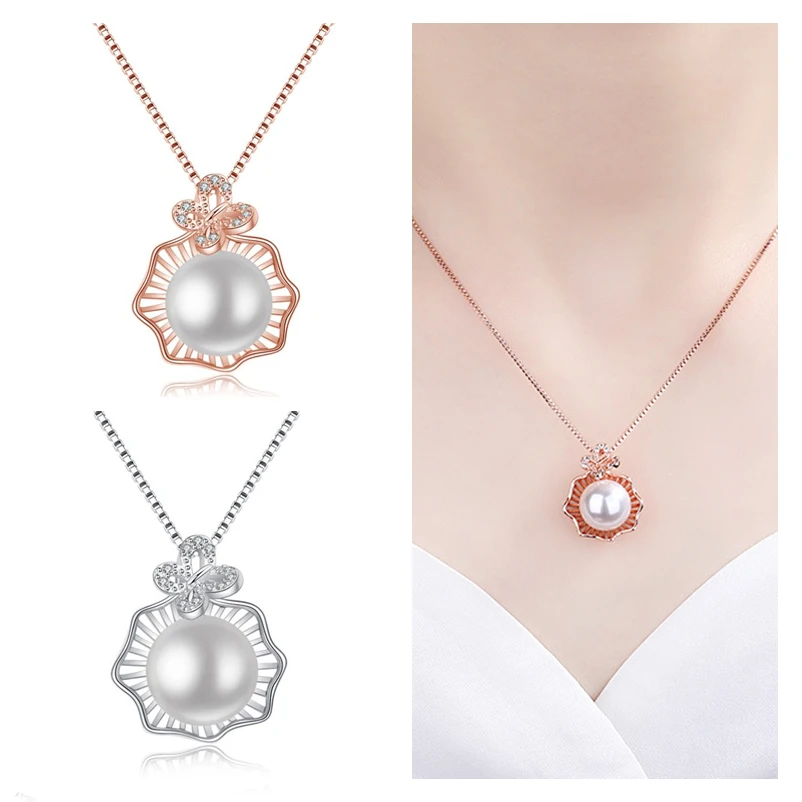

Cute Pearl Butterfly Necklace For Women Jewelry Vintage Silver Plated Chain Choker Necklace Female Party Accessories Rose Gold