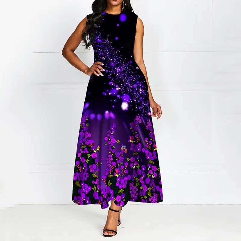 Женское винтажное платье макси с цветочным принтом без рукавов круглым вырезом