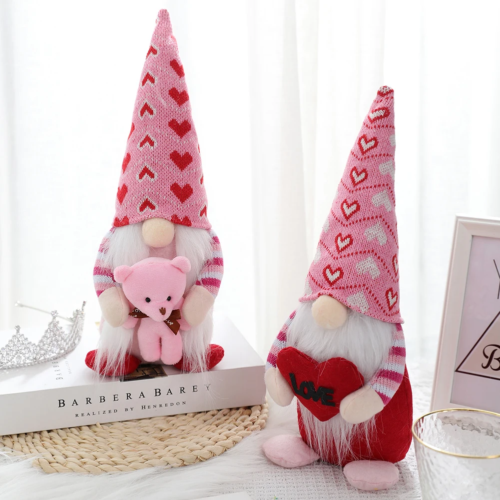 

Valentines Day Handmade Plush Gnome Faceless Doll with Handmade Swedish Tomte Plush Doll with Bear Heart Valentine Decoration
