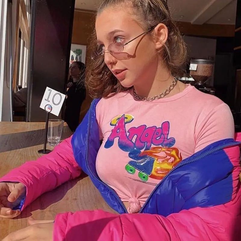 Angel с буквенным принтом розовая полосатая рубашка на одно плечо Женская Новинка