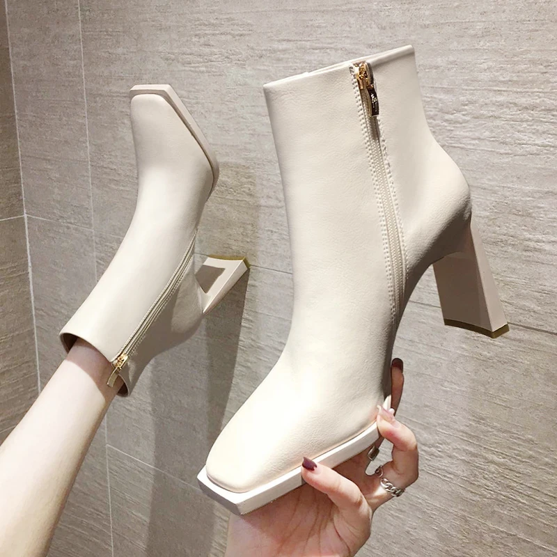 

High-heeled Short Boots Women New Thin Winter Plus Cashmere Martin Boots Women's SquareToe Thick Heel Single Shoes Spring Autumn