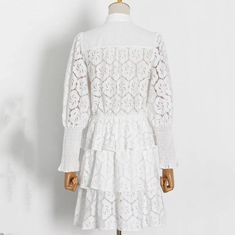 

SeeBeautiful Hollow Out Lace Ruffles Loose Dress Stand Collar Long Sleeve Single Breasted New Fashion 2021 Spring Women E003