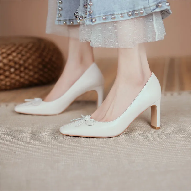 

MORAZORA New Fashion Genuine Leather Shoes Women Square Toe Simple Party Dress Shoes Summer Shallow Ladies Pumps Black Apricot