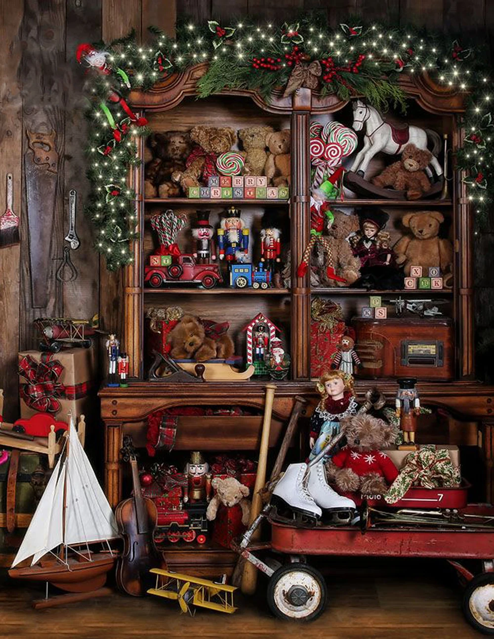 Фон с изображением Санта Клауса углов игрушек полок деревенский винтажный фон