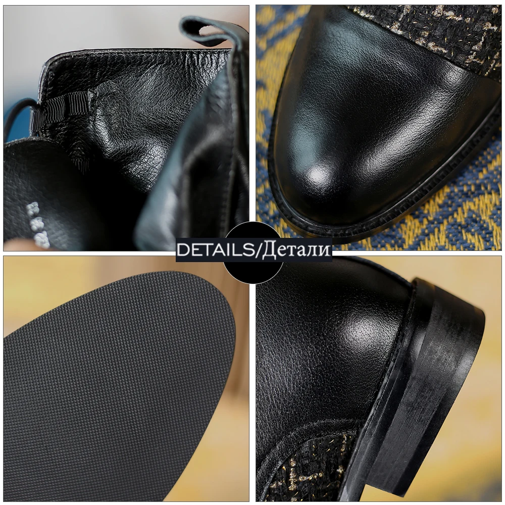 

ISNOM Women Genuine Leather Ankle Boots Round Toe Lace Up Stitching boot Chunky Heel Fashion Ladies Skid Proof Winter Boots 2020