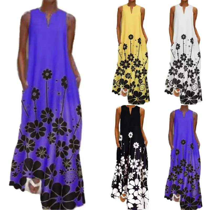 

Women Floral Printed Summer Sleeveless Beach Holiday Casual Long Maxi Dresses UK