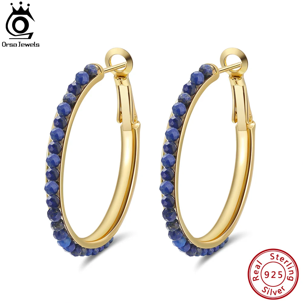 

ORSA JEWELS Handmade Solid 925 Sterling Silver Natural Lapis Lazuli Hoop Earrings for Women 14K Gold Plated Party Jewelry GME19