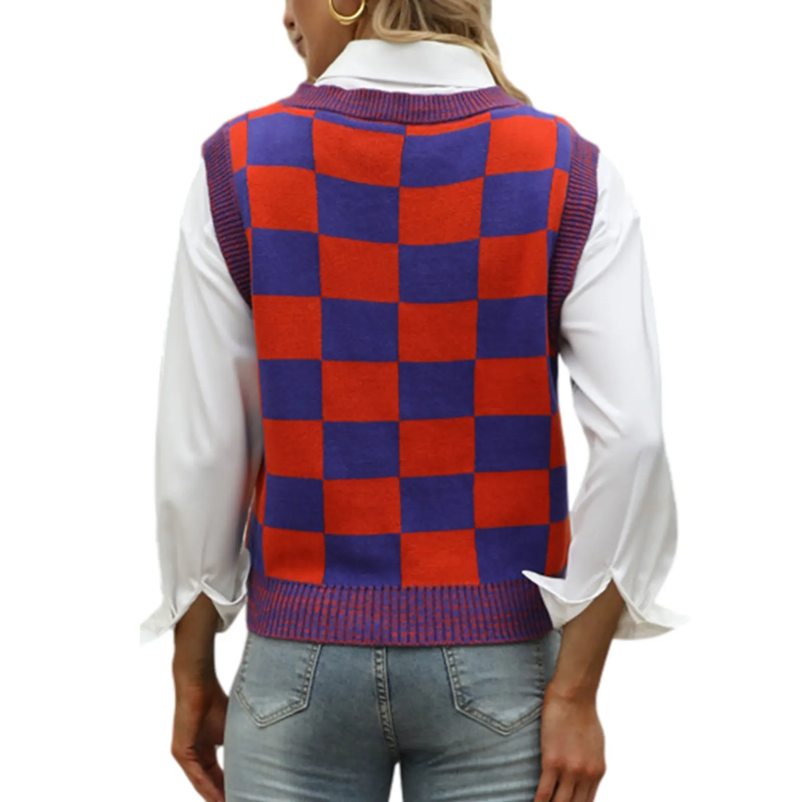 

Women's Clothing 2021 New Sweater Vest Knitted Vest Plaid Printed Pattern Round Collar Sleeveless Tops Black Yellow Blue Rosy