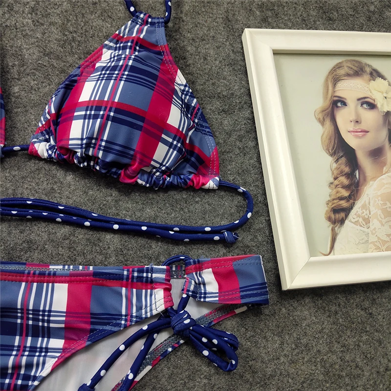 

2020 New Sexy Double Strap Swimsuit Checkered Print Swimwear Triangle Balette Beachwear S-L Girl Backless Halter Bikini Set