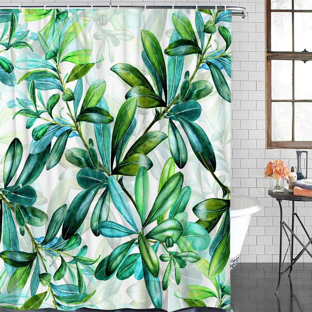 

Занавеска для ванной с зелеными листьями, водостойкая, моющаяся, с крючками