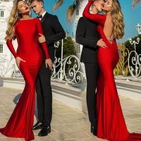 sexy scoop evening dress long sleeves mermaid red prom gown women backless simple sashes party gowns robes de soir%c3%a9e
