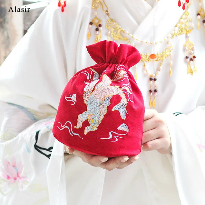 Красная сумка мешок Alasir с вышивкой Hanfu винтажная Повседневная Сумка тоут в