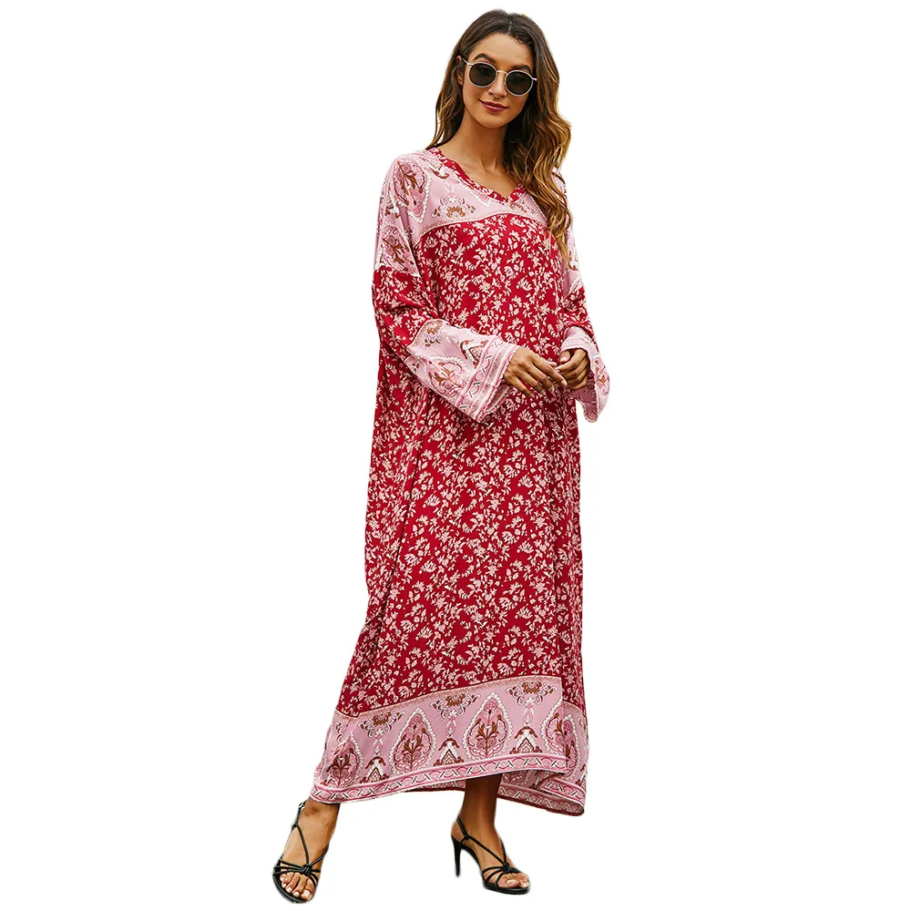 

2021 Spring/Summer New Arabian Dubai Middle East Loose Robe Printed Long Skirt Large Size Dress Robe Muslim Dress