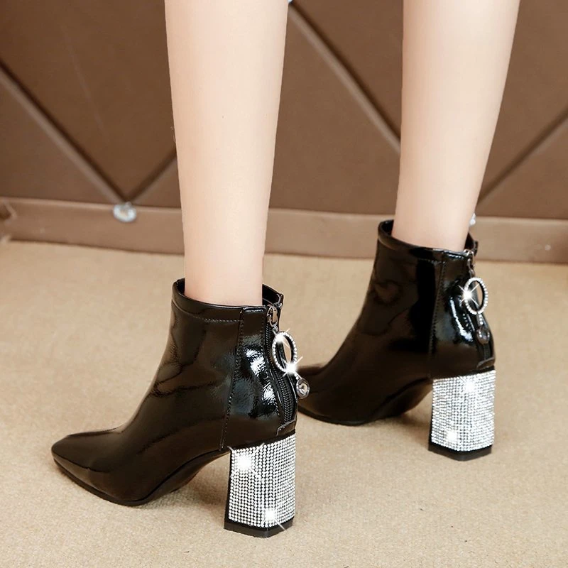 Crystal Square Toe Chunky High Heels Boots Women Shoes High Heel 7cm Ankle Boots for Women Autumn Winter Fashion Sexy Heels