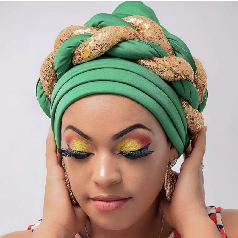Latest African Auto Geles Headtie Already Made Headties Shinning Sequins Turban Cap for Women Ready Female Head Wraps